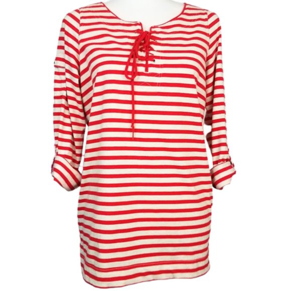 CORAL BAY Coral Red Striped Lace-Up Coastal Blouse - Women's S - Picture 4 of 5